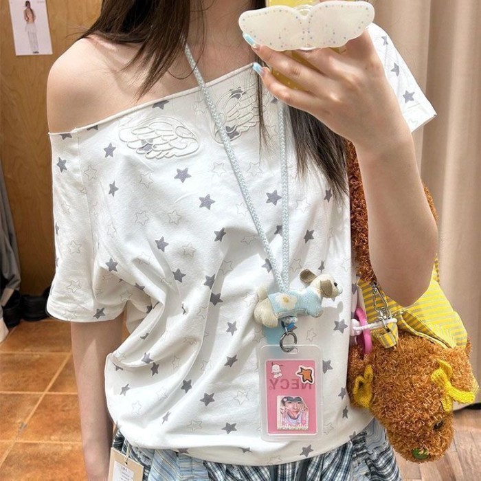 hot girl vai xiên retro niche áo thun ngắn tay dáng rộng và đa năng
