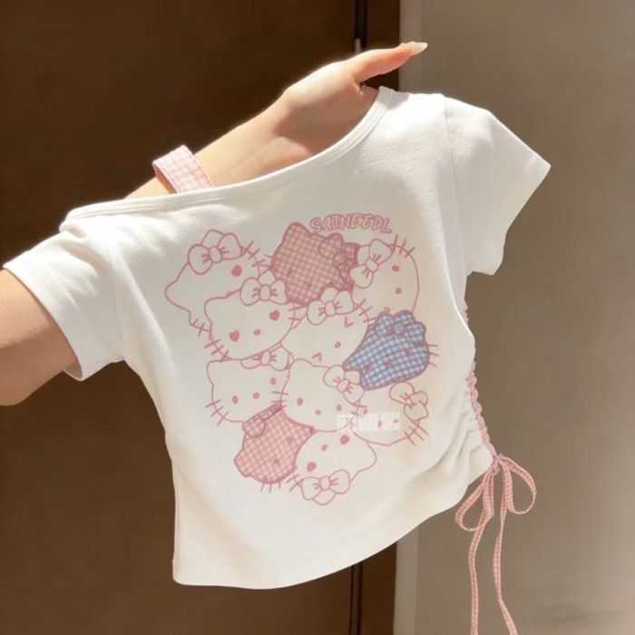 phong cách Hàn Quốc cho bé gái cotton nguyên chất hoạt hình dễ thương vai xiên kẻ sọc ngắn tay á