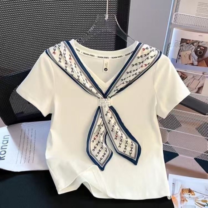 bộ quần áo trẻ em bé gái áo thun ngắn tay cotton nguyên chất phong cách hàn quốc khăn choàng mùa