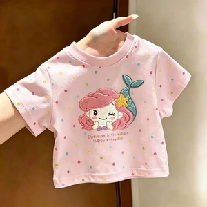 Mùa hè mới trẻ em chấm bi áo thun ngắn tay mùa hè bé gái thời trang in hình nàng tiên cá cổ tr