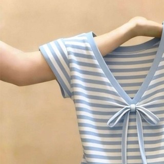 Trang phục phổ biến Màu sắc tương phản Sọc ngắn tay Áo thun nữ mùa hè Thắt nơ cổ chữ V Khí chất