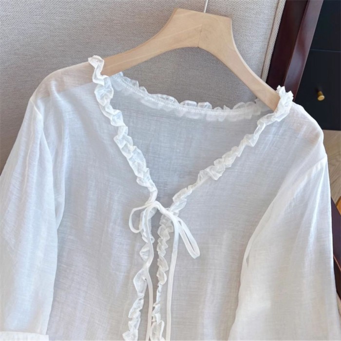 Áo cardigan voan siêu cổ tích quần áo chống nắng màu trắng cho nữ mùa hè khăn choàng kiểu mới