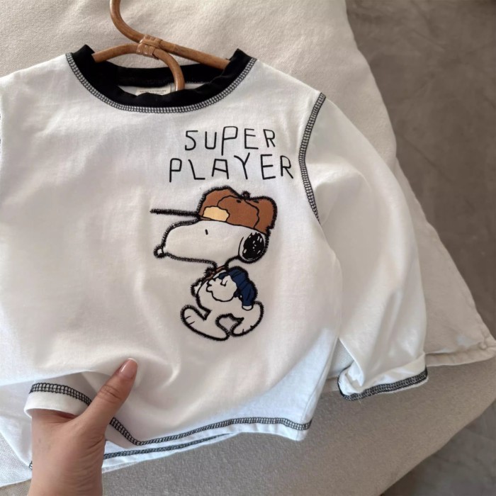 Áo thun cotton nguyên chất hoạt hình trẻ em dài tay xuân thu phong cách mới bé trai và bé gái