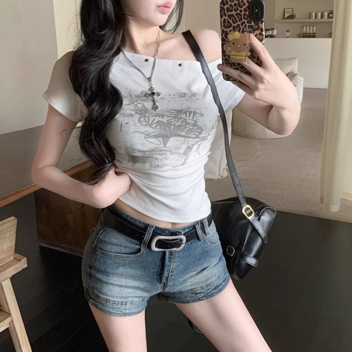 Cotton Nguyên Chất Retro Hot Girl In Không Đều Dốc Vai Áo Thun Nữ Tay Ngắn Nữ Eo Thon Xếp Ly