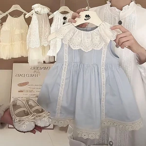 Bé Gái Mùa Hè Màu Xanh Phối Ren Cổ Búp Bê Bé Cotton Phong Cách Đầm Công Chúa Không Tay Bể