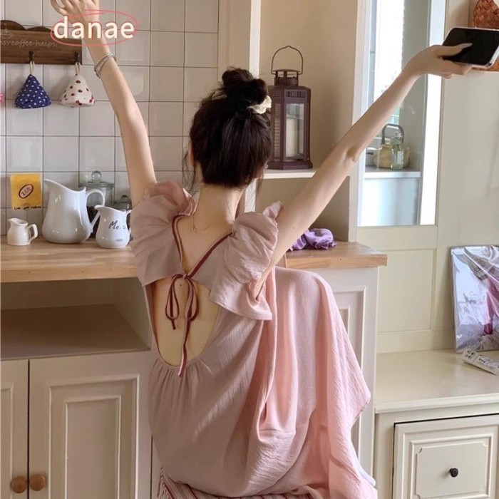Màu sắc tương phản nữ tính ngọt ngào hở lưng dễ thương váy ngủ mùa hè đồ ngủ cho nữ rỗng đầm lưng đ