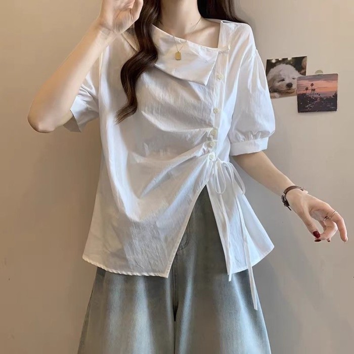 Lan ~ Áo Sơ Mi Tay Ngắn Không Đều Pháp Mùa Hè Mỏng Hơn Nhìn Mới Hàng Đầu Thiết Kế Thời Trang Phối Ren Bong Bóng Eo hẹp