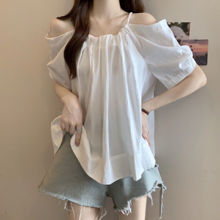 Lan ~ Kích Thước Lớn Dây Rút Sling Một Vai Áo Sơ Mi Nữ Mùa Hè Phong Cách Mới Béo mm Rời Mỏng Hơn Nhìn Thời Trang Tất Cả @