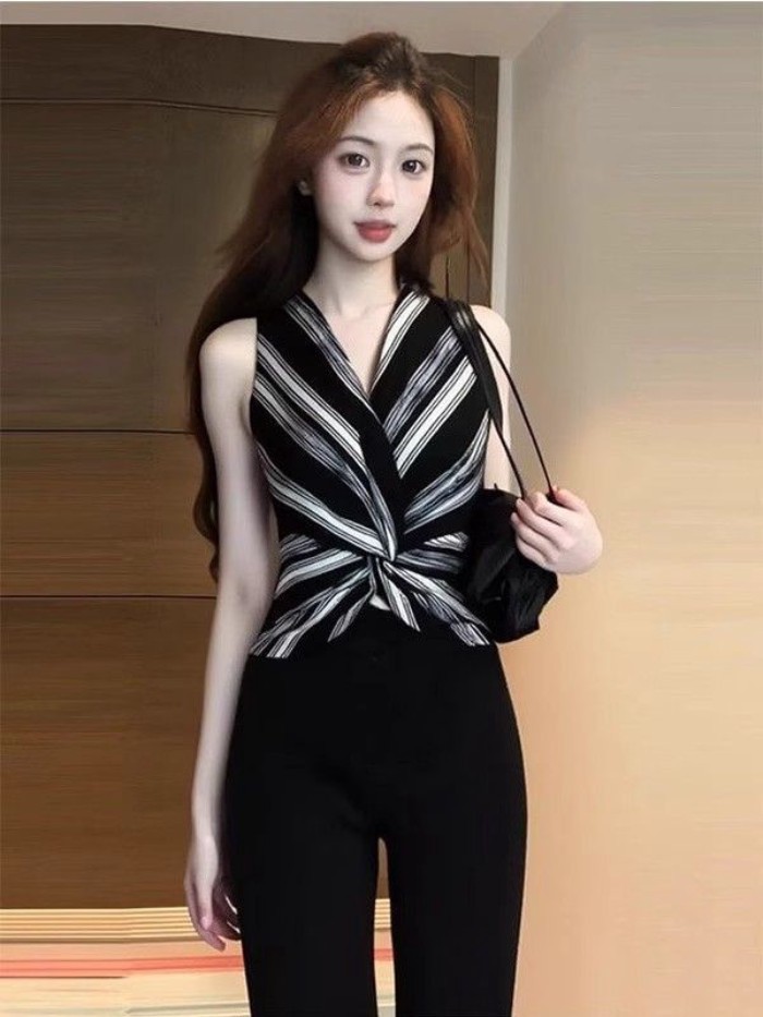 Áo vest không tay in hình nút thắt cổ, eo thon, phong cách phương Tây, áo độc đáo, sang trọng