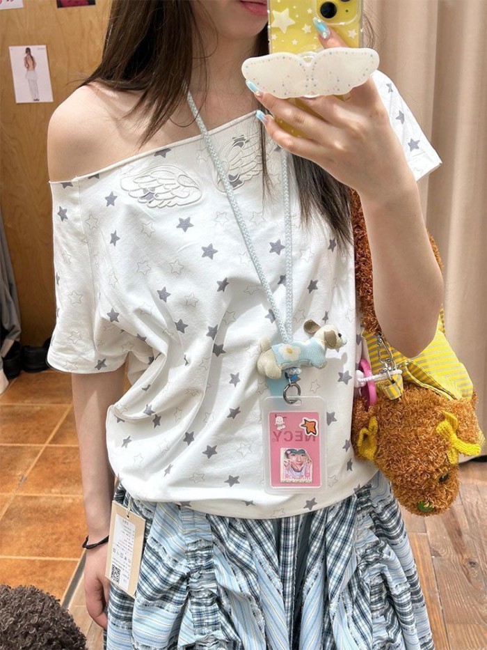 hot girl vai xiên retro niche áo thun ngắn tay dáng rộng và đa năng
