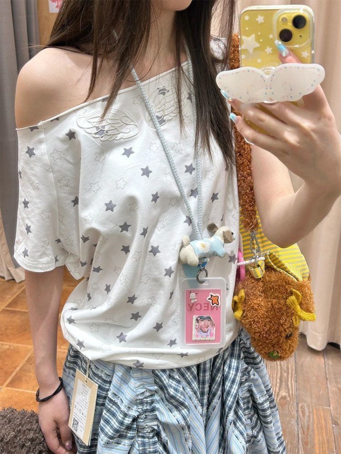 hot girl vai xiên retro niche áo thun ngắn tay dáng rộng và đa năng