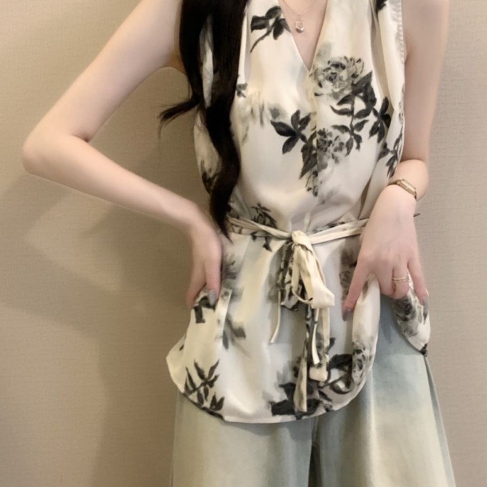 Lan ~ Áo Sơ Mi Cổ Chữ V Không Tay Cổ Chữ V Áo Sơ Mi Nữ Mặc Ngoài Mùa Hè Plus Kích Thước Béo mm Mỏng Hơn Nhìn Phối Ren-Waist Retro Mực Tranh Top