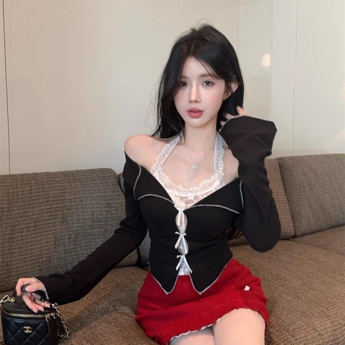 Áo dây cổ ren thắt nơ cho nữ áo cardigan ngắn hai mảnh giả bên trong màu đỏ