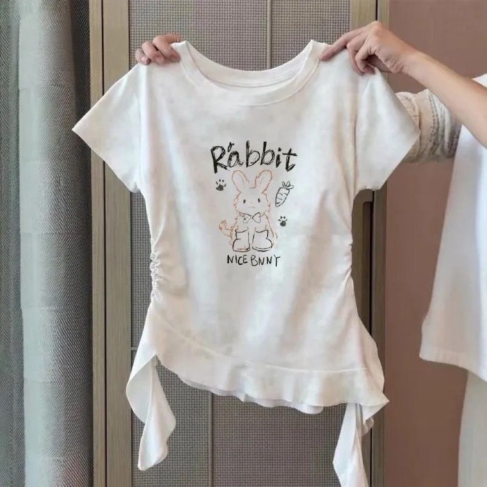 Con Mèo In Hình Vai Phải Tay Ngắn Vừa Và Lớn Áo Phông Trẻ Em Mùa Hè Mới Slim Fit Thắt-THUỐC NHUỘ