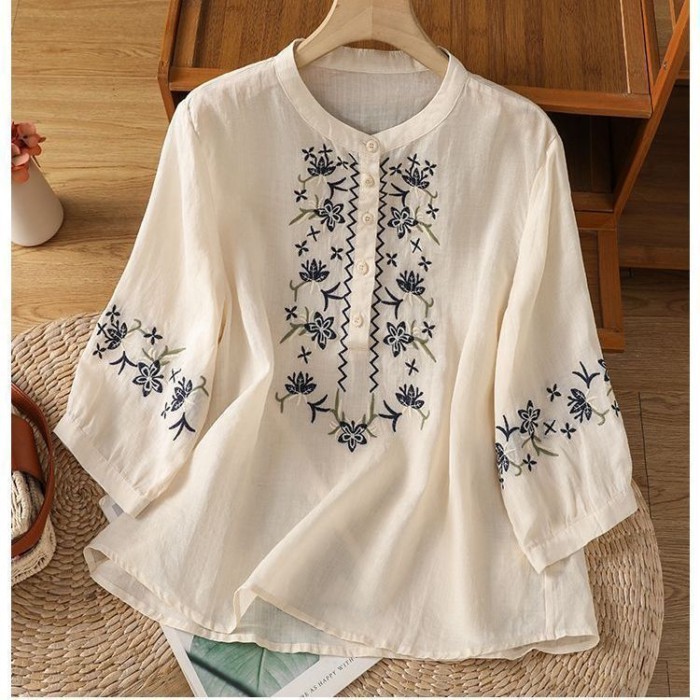 Văn Học Tay Phồng Thêu Áo Sơ Mi Cotton Và Vải Lanh Nữ Mùa Hè Dáng Rộng Giày Lười Cổ Đứng Giữa Tay Á