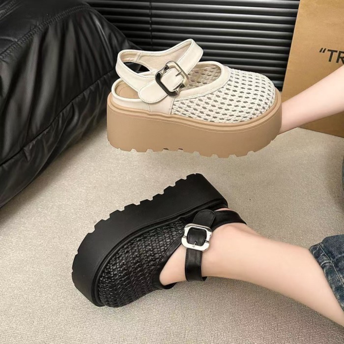 Dép xỏ ngón mùa hè dành cho nữ, đế dày, cao 6cm, váy, giày La Mã dệt rỗng thông thường