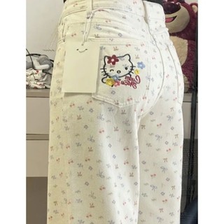 Quần Jean Trắng Thêu Mèo Kitty Cho Nữ Mùa Hè Cao Cấp Thẳng Ôm Quần Ống Rộng