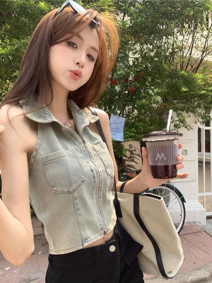 Hot Girl Pure Desire Top Ngắn Dây Kéo Denim Dây Cổ Áo Vest Nữ Hợp Thời Trang