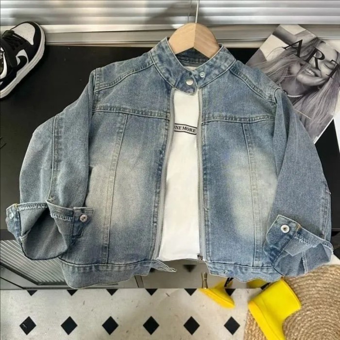 Áo khoác denim cổ đứng phong cách Trung Quốc mới đẹp trai, áo khoác trẻ em xuân thu