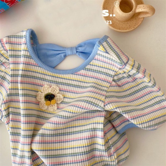 Áo Thun Bé Gái Mùa Hè Ngắn Tay Trẻ Em Top Nữ Mới Cotton Niche Phong Cách Phương Tây Sọc Hoa Nử