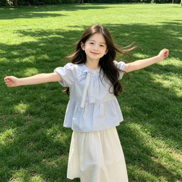 Xanh Dương Phong Cách Nhẹ Nhàng Thắt Nơ Áo Bé Gái Thiết Kế Tay Phồng Áo Sơ Mi Babydoll Thời T