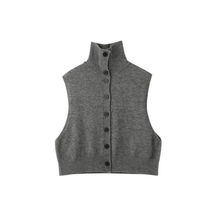 Áo vest dệt kim cổ cao màu xám đậm dành cho nữ, áo len vest phía trước và sau xếp lớp với áo khoác