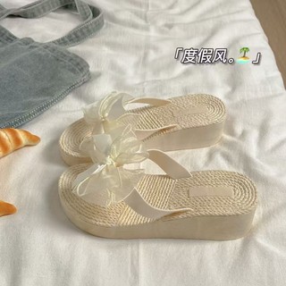 Phong cách nghỉ lễ nhẹ nhàng ~ Dép xỏ ngón nơ đế dày 5cm cho nữ mặc như áo khoác ngoài, dép đi b