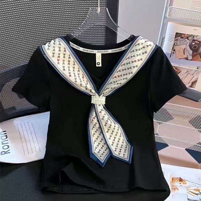 bộ quần áo trẻ em bé gái áo thun ngắn tay cotton nguyên chất phong cách hàn quốc khăn choàng mùa