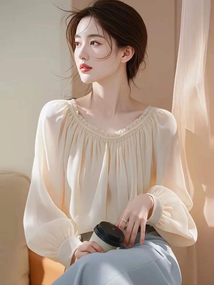 Áo sơ mi voan dài tay kiểu Pháp dành cho nữ mùa xuân mới phong cách nhẹ nhàng sang trọng cao