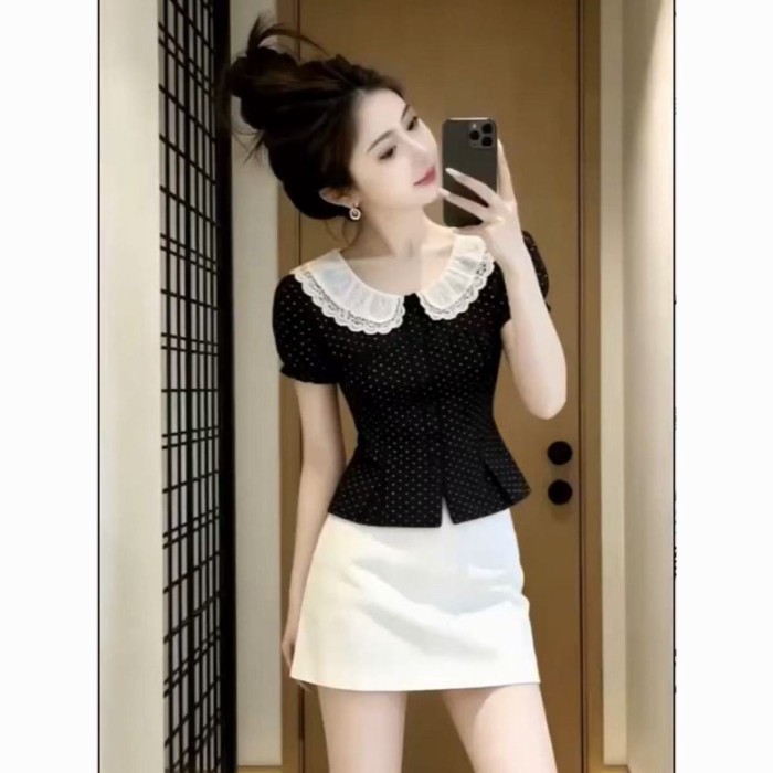 Áo sơ mi ngắn tay chấm bi màu đen dành cho nữ với kiểu dáng sang trọng kiểu Pháp độc đáo thắt