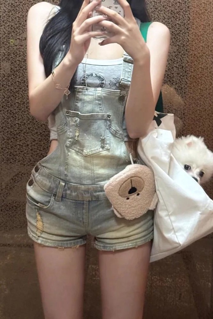 Retro y2k quần short denim lưng cao nữ mùa hè thiết kế mới áo liền quần rách