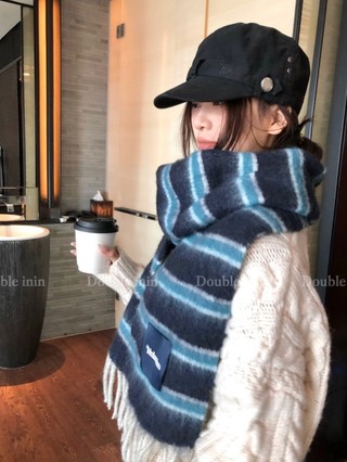 Have u desgin Phong Cách Hàn Quốc Sọc Viền Khăn Cho Nữ Mùa Đông Ấm Áp Khăn Choàng Phù Hợp Với Yếm