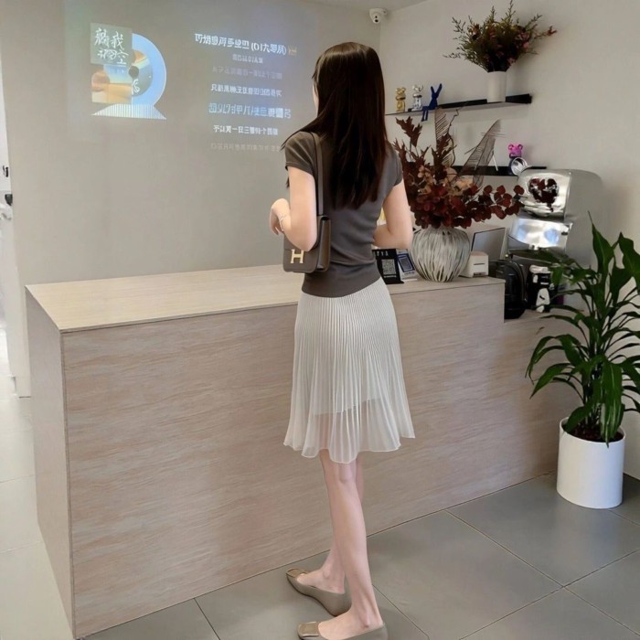 Lan ~ Thiết Kế Rõ Ràng Váy Voan Xếp Ly Nữ Tư Thế Duyên Dáng Thông Minh Thanh Lịch Tính Khí Giữa Viền Mỏng Hơn