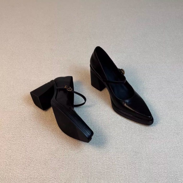 Giày một mảnh mũi nhọn kiểu Pháp có gót dày Mary Jane nữ nông đi lại chuyên nghiệp 7cm