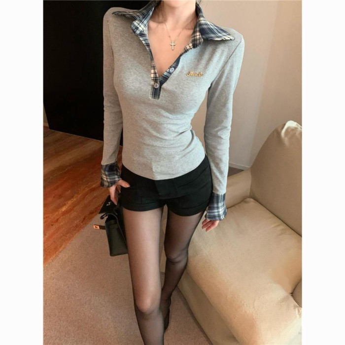 Áo thun cổ polo dài tay kẻ sọc giả hai mảnh có đáy mỏng cho nữ