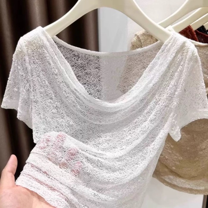 chiếc áo sơ mi ngắn tay ren rỗng xuyên thấu Áo thun lệch vai mùa hè dành cho nữ cổ áo một đường