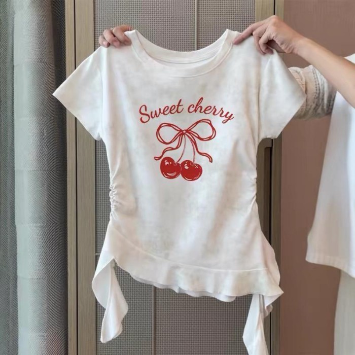 Con Mèo In Hình Vai Phải Tay Ngắn Vừa Và Lớn Áo Phông Trẻ Em Mùa Hè Mới Slim Fit Thắt-THUỐC NHUỘ