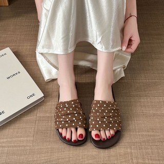 Ngựa Vằn Chấm Bi Retro Phong Cách Hồng Kông Xăng Đan Xếp Ly Cho Nữ Mùa Hè Mặc Ngoài Flat Đế M