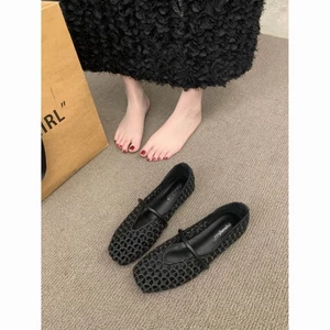 Giày mũi vuông kiểu Pháp rỗng bện nông miệng đơn giày lưới thoáng khí giày đế bệt Mary Jane giày lư