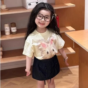 bộ quần áo bé gái cotton nguyên chất, thoải mái và đa năng Áo thun ngắn tay in hình hoạt hình mù
