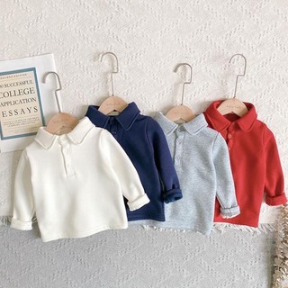 Áo thun dài tay nhung dày có cổ dành cho bé trai Áo thun POLO ấm áp phong cách Hàn Quốc