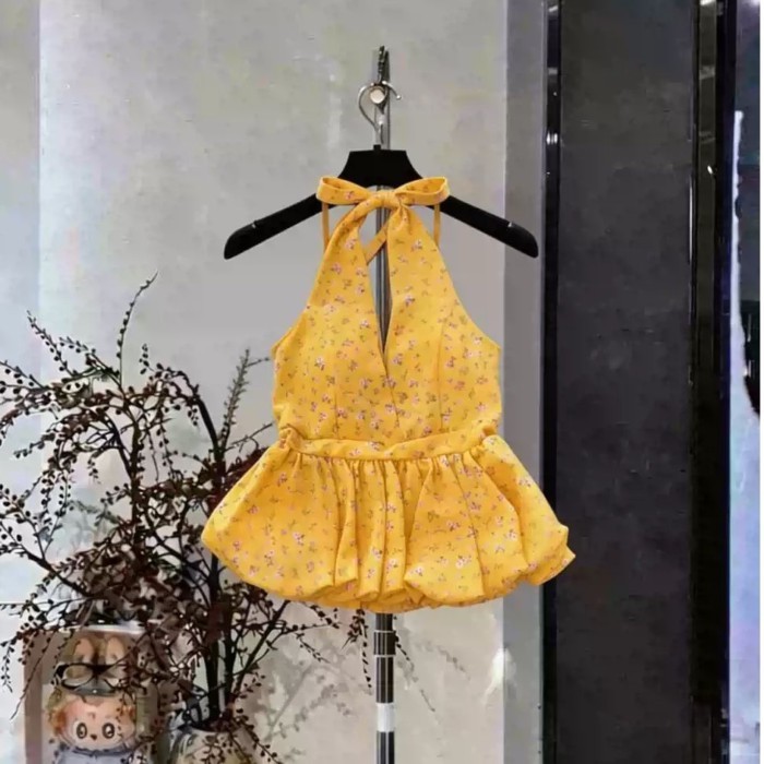 Áo vest hoa cổ yếm phong cách nghỉ dưỡng Pháp dành cho nữ có eo cổ chữ V và dây treo nụ hoa g