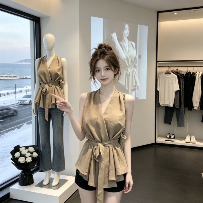 Áo sơ mi không tay thời trang Pháp cổ top eo thon gọn áo sơ mi buộc dây phong cách mùa hè mới