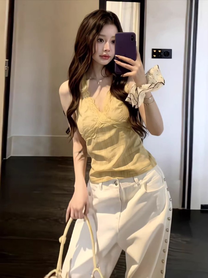 Tencel hot girl tinh khiết ham muốn phong cách ren nối dây kéo Cổ Chữ V yếm nữ mùa hè mới dán