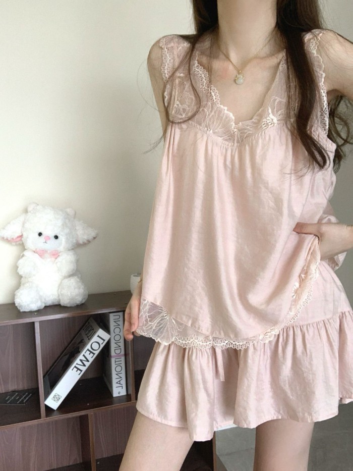 Bộ Đồ Ngủ Ren Ngọt Ngào Mùa Hè Cho Nữ Phong Cách Mùa Hè Mới Áo Vest Quần Short Bộ Quần Áo Ở Nhà