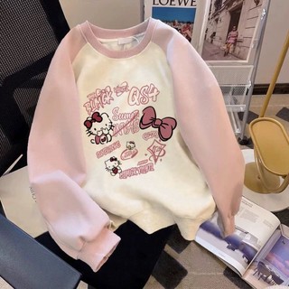 Áo nỉ bé gái vừa và lớn Hello Kitty Loose Velvet dày tay áo Raglan