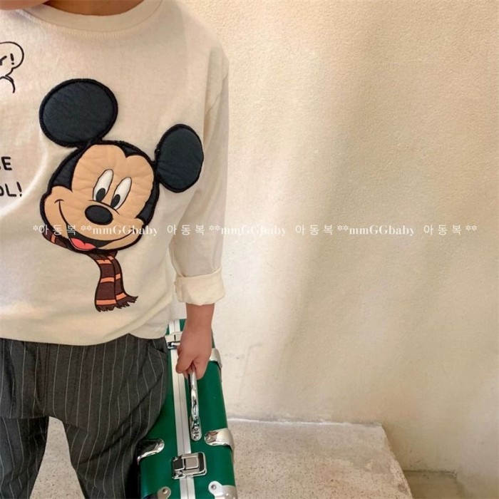 Áo thun cotton nguyên chất cho bé trai và bé gái, áo dài tay thêu miếng vá, hoạt hình Mickey,