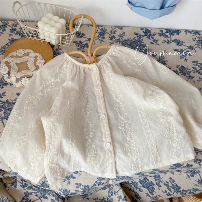 Mới Quần Áo Trẻ Em Bé Gái Phong Cách Nghệ Thuật Full Áo Sơ Mi Thêu Trẻ Em Bé Trai Cổ Tròn Cot