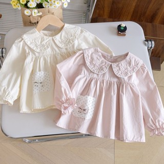 Áo sơ mi nữ phong cách Hàn Quốc cổ búp bê cotton nguyên chất áo sơ mi công chúa chấm bi cho trẻ em