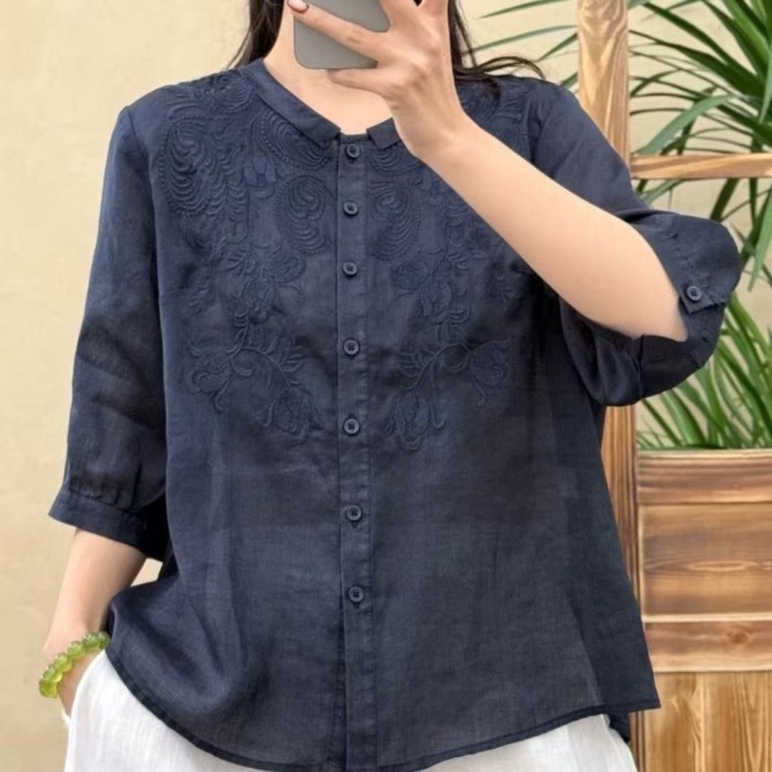 Retro văn học dáng rộng hàng đầu thường ngày cardigan mỏng ba phần tư áo sơ mi tay áo sơ mi nhỏ thê
